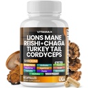 Vitamax Lions Mane Mushroom, Turkey Tail, Chaga & Reishi, Cordyceps Shiitake White Elm King Trumpet Nameko Oyster Porcini Focus & Energy - Made in USA (60 Capsules (Pack of 1))