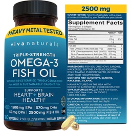 Supplément à l'huile de poisson Omega 3 triple résistance pour les hommes et les femmes – 2500 mg de supplément à haute capacité, facile à absorber Triglycéride réestérifié forme, pescatarien-friendly DPA EPA DHA Omega 3, 180 Softgels