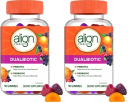 Align Dualbiotic, Prebiotics and Probiotics for Women and Men, Probiotics for Digestive Health, Prebiotics Help Nourish Good Bacteria, Natural Fruit Flavors, 90 Probiotic Gummies,(Pack of 2)