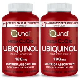 Qunol Mega Ubiquinol CoQ10 100mg, Superior Absorption, Patented Water and Fat Soluble Natural Supplement Form of Coenzyme Q10, Antioxidant for Heart Health, 240 Count Softgels, 120 Count (Pack of 2)