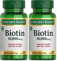 Nature de Bounty Biotin cheveux peau et ongles vitamines, soutient cheveux, peau et ongles sains, 10 000 mcg, 120 Softgels (Pack de 2)