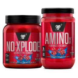 BSN Workout Bundle of NO XPLODE Pre Workout Powder Blue Raz, 30 portions AMINO X Muscle Recovery Intra Workout Support, Caffeine Blue Raz, 30 portions