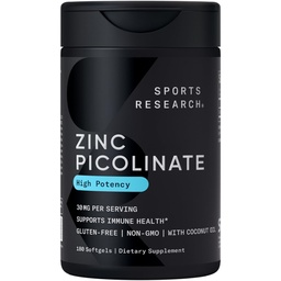 Recherche sportive Picolinate de zinc haute puissance 30mg avec de l'huile de coco biologique. Supplément de zinc hautement absorbant pour une fonction immunitaire et enzymatique saine - Non-OGM testé et sans gluten (180 softgels liquides)