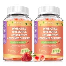 (2 Packs) Totaria Sugar Free 5-in-1 Probiotic Prebiotic Postbiotic Gummy, Probiotics for Women Men with Digestive Enzymes, Peppermint, Complete Immune, Gut & Digestive Support, Vegan Strawberry Flavor