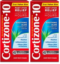 Cortizone-10 Maximum Strength Soothing Aloe Itch Relief Cream, 1% Hydrocortisone, Fast-Acting, Anti-Itch Cream for Bug Bites, Rash, Eczema, Psoriasis, Poison Ivy, Oak, Sumac & More, 2 oz (Pack of 2)
