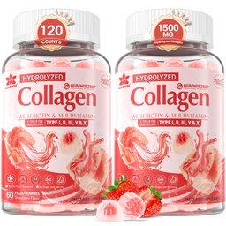 2Pack Sugar-Free Hydrolyzed Collagen Peptide Filled Gummies for Women & Men, with 1500mg Protein Type I,II,III,V,X, 5000mcg Biotin Vitamin C A E D3 B6 B12 for Immune Digestion Skin Hair Nails, Bone