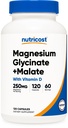 Nutricost Magnesium Glycinate + Malate (250mg) 120 Caps, High Absorption