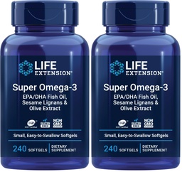 Extension de vie Super Omega-3 EPA/DHA Huile de poisson, sésame Lignans & extrait d'olive – Coeur, Cerveau, Inflammation Soutien de santé, Sans gluten, Facile à avaler, Non-OGM, 240 Softgels (paquet de 2)