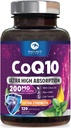 CoQ10 Softgels - Coenzyme ultra-haute absorption Q10 200mg par portion - Co Q 10 Softgel supplément avec poivre noir, énergie et soutien cardiaque antioxydant - pour les femmes et les hommes, embouteillé États-Unis - 120 Softgels