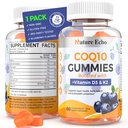 Nature Echo® CoQ10 Gummies 100mg, supplément CoQ10 avec vitamine D3 et K2, supplément Coenzyme Q10 Blueberry Flavor, sans sucre, santé cardiaque, os et antioxydant, végétalien, non-OGM 60 Gummies