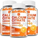 (3 Pack) Citrate de calcium 1200 mg avec vitamine D3 Gummies pour les femmes et les hommes, Suppléments de calcium, Haute absorption pour les muscles osseux sains - Facile à digérer, sans sucre, Vegan,Orang Flavor, 60 jours d'approvisionnement