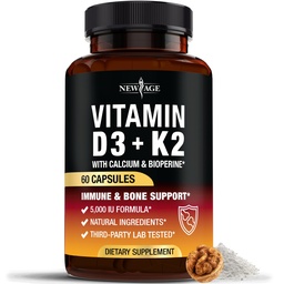 NEW AGE Vitamin D3 5,000 IU + K2 MK-7 100 mcg - 2-in-1 Bone, Immune & Heart Support, Easy to Swallow, Non-GMO - 60 Capsules