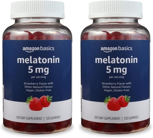   Basics Melatonin 5mg, 120 Gummies (2 per Serving), Strawberry (Previously Solimo) (Pack of 2)