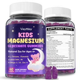 Magnesium Glycinate Gummies for Kids 4+: Sugar Free Magnesium Bisglycinate Gummy with Chamomile, L-Theanine, Lemon Balm, B6, Omega 3, Zinc - Gluten Free, Non-GMO, Vegan, Mixed Berry Flavor