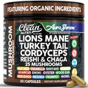 AuraShroom Mushroom Supplement Lions Mane Turkey Tail Cordyceps Reishi Shiitake Chaga Oyster Stress Relief Immune Support Nootropic Energy Portobello Mushrooms 60 Capsules By Clean Nutra
