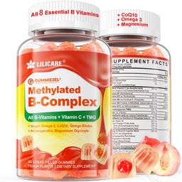 Super Methylated Vitamin B Complex Gummies - All B Vitamins + Omega-3, Magnesium, CoQ10, Ashwagandha,Vitamin C, TMG- For Women Men- Methyl B12 2000 mcg, Methylfolate, B1,B2, B3,B5,B6,B7- Sugar Free