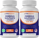 Vitamatic Ferrous Sulfate 325 mg with Vitamin C 100 mg (65 mg Elemental Iron) – High Potency Iron Supplement – No Artificial Colors – 250 Coated Tablets, Made in USA - 2 Pack