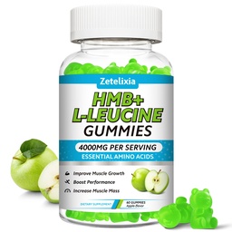 HMB and L-Leucine Gummies, 4000mg HMB and Leucine Supplements Amino Acid Gummies for Men & Women, Support Muscle Growth, Muscle Relief and Workout Recovery, Sugar-Free, Vegan, Apple Flavor, 60 Count