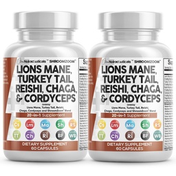 Clean Nutraceuticals Lions Mane 20in1 Mushroom Supplement with Turkey Tail Reishi Cordyceps Chaga Maitake Meshima Poria Cocos Shiitake Oyster Porcini Enoki - 2Pack