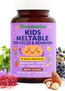 Bloomwise Kids Meltable Supplements, Magnesium Glycinate, Saffron, L-Theanine, Myo-Inositol, Choline, Taurine, Probiotic Blend, Prebiotic, Elderberry, Vitamin D3, C, A, Folate, Zinc 60 Berry Tablets