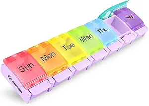 AUVON Weekly Pill Organizer Arthritis Friendly, BPA Free Travel 7 Day Pill Box Case with Spring Open Design and Large Compartment to Hold Vitamins, Cod Liver Oil, Supplements and Medication