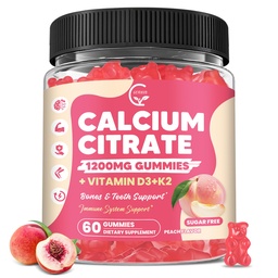 Calcium Citrate Gummies 1200 mg with Vitamin D3, K2 for Bone, Muscle & Immune Support, High Absorption Chewable Calcium Supplements for Women & Men, Sugar Free, Vegan, Peach Flavor, 60 Chews