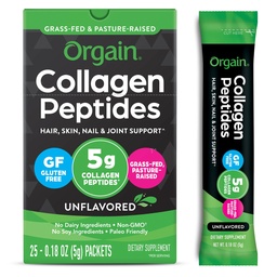 Orgain Hydrolyzed Collagen Peptides Travel Packets For Women & Men - 5g Grass Fed Collagen Per Serving, Hair, Skin, Nail & Joint Support Supplement, Non-GMO, Type I & III - Unflavored (25 Count)