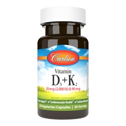 Carlson - Vitamin D3 + K2, 50 mcg (2000 IU) Vitamin D3 & 90 mcg Vitamin K2 as MK7, Bone Support, Calcium Absorption, 60 Capsules