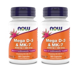 Now Supplements, Mega D-3 & MK-7, 5000 IU / 180 mcg, Bone & Cardiovascular Support*, Vitamins K-3 & K-2, 180 Capsules (Pack of 2)