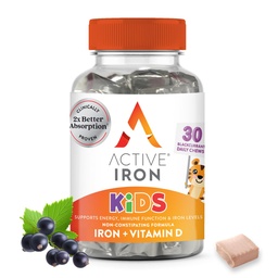 Active Iron Supplement 7mg + Vitamin D for Kids, Clinically Proven Better Absorption, Increase Iron & Energy Levels, Gentle & Non-Constipating, Supports Growth & Immune Health, 30 Blackcurrant Chews