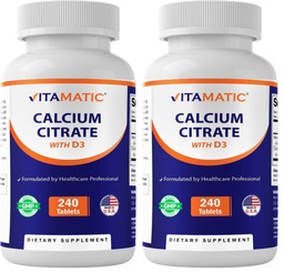 Vitamatic Calcium Citrate with Vitamin D3 – 240 Tablets – High Absorption Calcium Citrate with D3 – Non-GMO, Gluten-Free (Pack of 2)