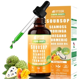 Soursop Bitters Liquid Drops 10 in 1 with Sea Moss, Moringa, Turmeric, Black Seed Oil, Oregano, Ashwagandha | Herbal Extracts for Overall Health-Enhancing | Vegan, Non-GMO | 2 Fl Oz(Mango Flavor)
