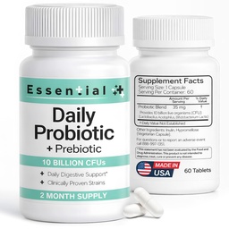 Essential Daily Probiotic for Men and Women 10 Billion CFU, 60 Vegicaps Men Probiotics for Digestive Health with Prebiotics & 2 Strains, Probiotic Supplement for Gut Health