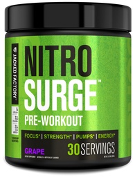 Jacked Factory NITROSURGE Pre Workout Supplement - Endless Energy, Instant Strength Gains, Clear Focus, Intense Pumps - Nitric Oxide Booster & Powerful Preworkout Energy Powder - 30 Servings, Grape