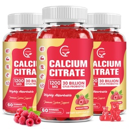 (3 Pack) Sugar Free Calcium Citrate Gummies 1200 mg with Vitamin d3, K2, Magnesium, Zinc for Bone, Muscle & Immune Support, High Absorption Calcium Supplement for Women, Raspberry Flavor, 60 Chews
