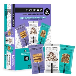 TRUBAR Vegan Protein Bars, Chocolate Covered Cravings Variety Pack, Peanut Butter, Cookies & Cream, & Cookie Dough, Gluten Free, Plant Based, High Fiber, Dairy Free, On the Go Healthy Snacks, 12 Count