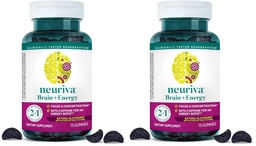NEURIVA Brain + Energy Gummies, Nootropic Brain Supplements for Focus and Concentration with Neurofactor, Vitamin B12 & Caffeine for an Energy Boost*, 75ct Natural BlackBerry, (Pack of 2)