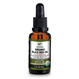 Huile de graine noire biologique - Bouteille de verre pressée à froid certifiée USDA Plus de 1,5% Thymoquinone 3X résistance Cumin noir turc Nigella Sativa non-OGM 100% huile de grain noir pur (1oz bouteille de goutteur en verre)