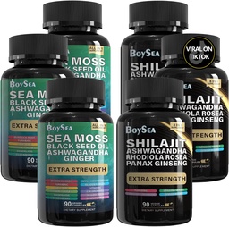 Boysea.Shilajit and Sea Moss Bundle- 90 Count - Sea Moss, Black Seed Oil, Ashwagandha, Ginger & Shilajit, Rhodiola Rosea, All in 1 Supplements (3 Pc)