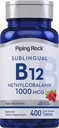 Piping Rock Vitamine B12 Comprimés sublinguals $ 1000 mcg $ 400 Pills $ Methylcobalamine Supplément pour les femmes et les hommes $ Flaveur de baies $ Végétarien, non-OGM, sans gluten