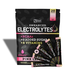 Zeal Naturals Enhanced Electrolyte Powder Stick Packs (Pink Lemonade - 20 Packets) Sugar Free + BCAA B-Vitamins & Pink Himalayan Salt - Keto Electrolytes, Hydration Powder
