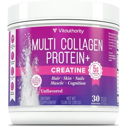 Multi Collagen Protein + Creatine | 5g Creatine Monohydrate with Collagen Types I, II, III, V & X | Hair, Skin, Nail, Muscle & Performance Support | Vitamin C & Hyaluronic Acid, 30 Servings Unflavored