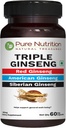 Pure Nutrition Triple Ginseng - an Unique and Effective Combination of Red Ginseng, American Ginseng and Siberian Ginseng. 790mg per Capsule | 60 Veg Caps Pack