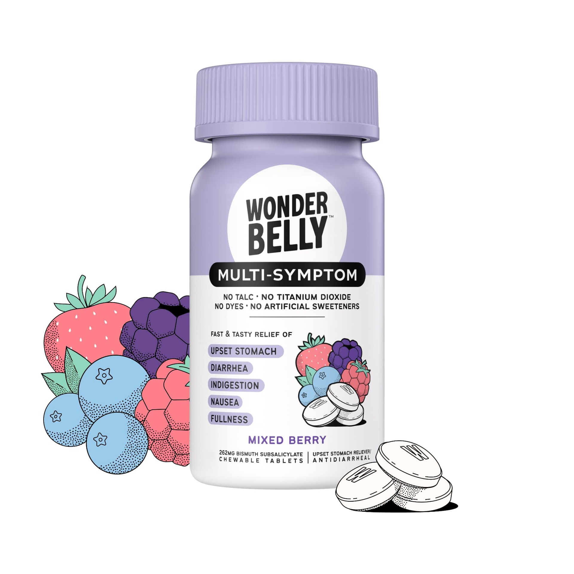 Wonderbelly Multi-Symptom Relief Chewable Tablets, Mixed Berry, Bismuth Subsalicylate 262 mg 40 tablets product package