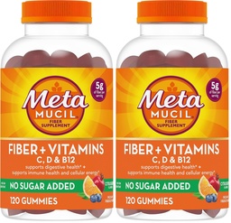 Metamucil Fiber Gummies for Adults with Vitamins C,D,B12 for Metabolism,No Sugar Added Citrus Berry Flavor,5g Plant Based Prebiotic Fiber Supplement Blend,120 Count (Pack of 2)