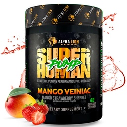 ALPHA LION Pompe Superhumaine Poudre de pré-entraînement, Nootropic Caféine & Stim Supplément gratuit de pré-entraînement, Booster d'oxyde nitrique, Muscle Gainer, Énergie & Focus (42 Serviettes, Mango Veiniac Flavor)