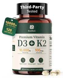 Vitamin D3 K2 10000IU 100mcg MK-7, 120 Softgels, Gluten Free, 2-in-1 K2 D3 Vitamin Supplement for Bone & Heart Health, Immune Support, Energy & Better Calcium Absorption, 4-Month Supply
