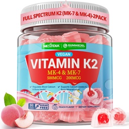 Vitamin K2 Gummies MK-7 200 mcg & MK-4 500 mcg for Women & Men Sugar Free, Perfect 2-IN-1 Full Spectrum Vitamin K2 Supplement for Bone, Promotes Calcium Absorption, Brain, Teeth, Immune, Pack of 2