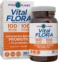 Vital Planet - Vital Flora Advanced Biome Probiotic 100 Billion CFU, 100 Diverse Strains, 10 Organic Prebiotics, Immune Support, Colon and Digestive Health Probiotics for Women and Men 30 Capsules