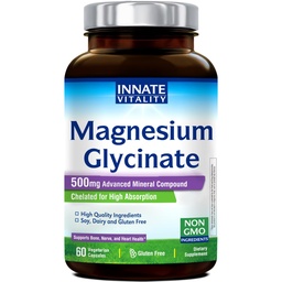 Vitalité innée Magnésium Glycinate 500mg.70mg Supplément de magnésium élémentaire- Absorption élevée, non buvée, non-OGM et sans gluten - Nerve, os et santé cardiaque - 60 Capsules Vegan Magnesio